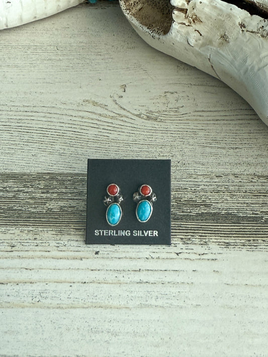 Native Made Turquoise & Coral Studs