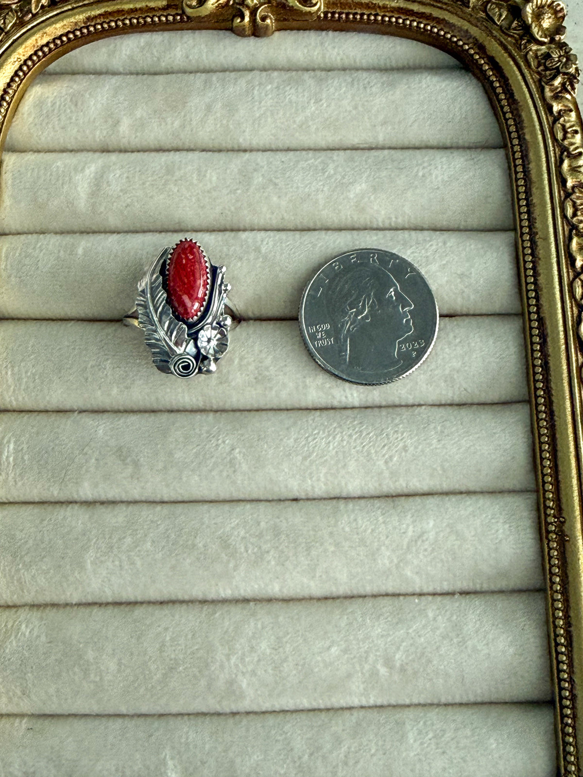 Native American Red Spiny Leaf Ring 8.25