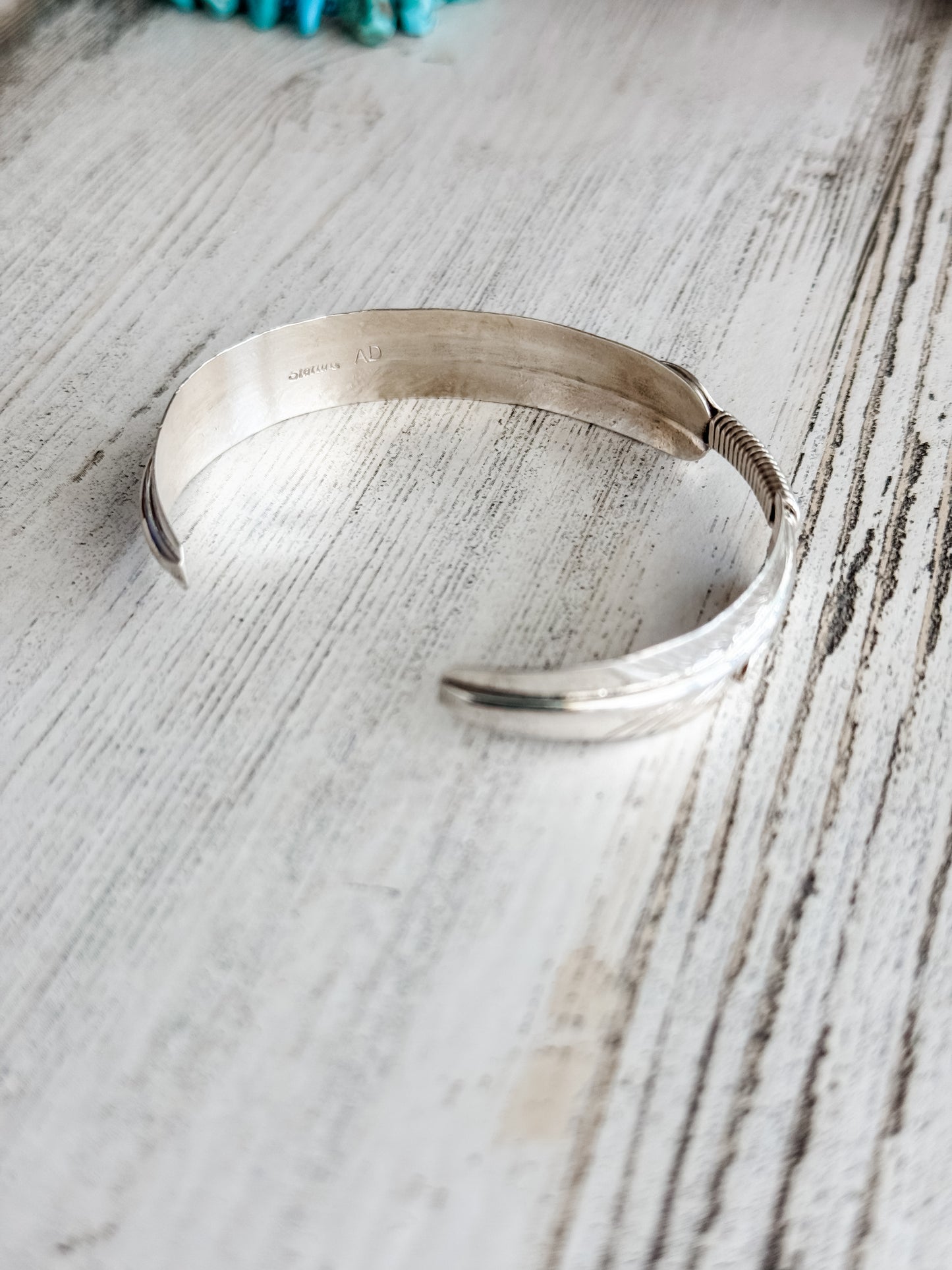 Native American Feather Sterling & Turquoise Wrap Cuff 6.25”