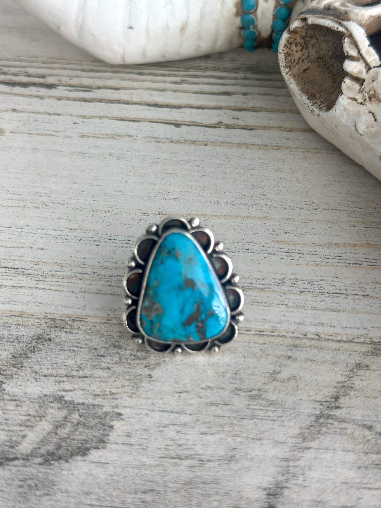 Native Made Emerald Valley Blue Turquoise Scallop Ring 8