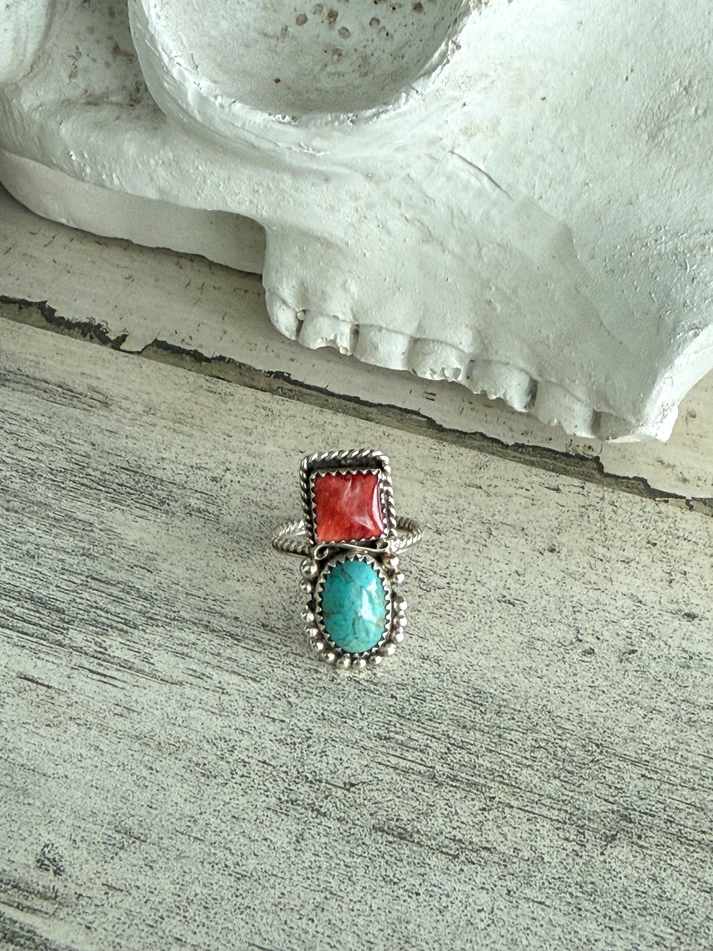 Native American Turquoise & Spiny Ring 8