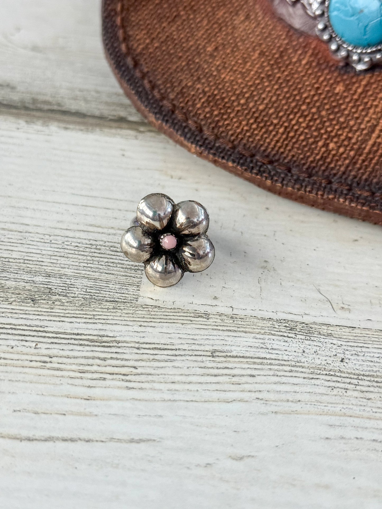 Native American Sterling Flower & Pink Conch Adjustable Ring