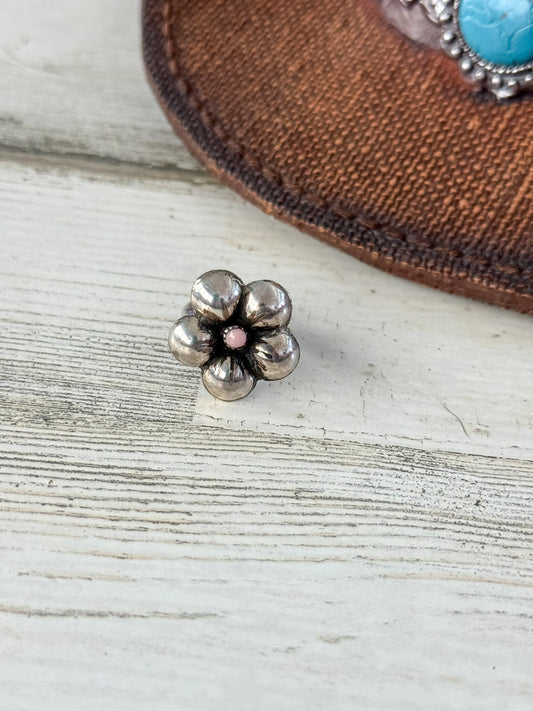 Native American Sterling Flower & Pink Conch Adjustable Ring