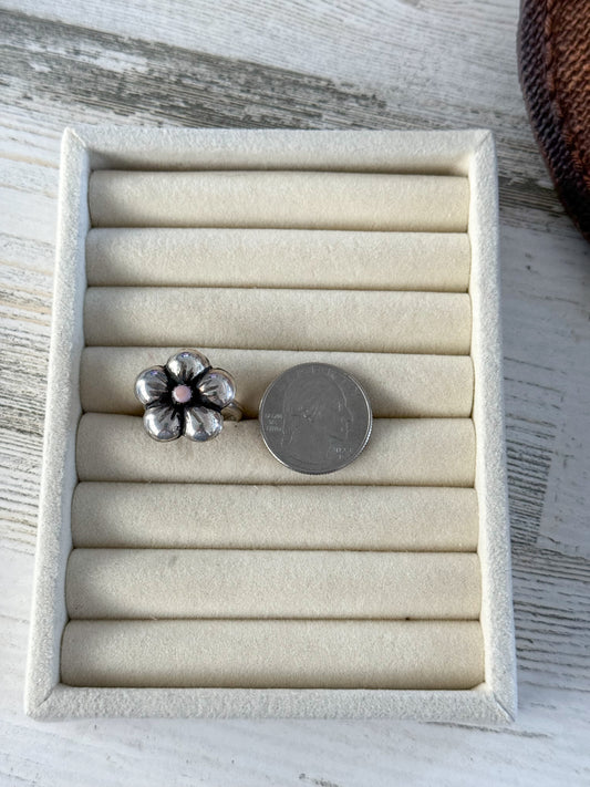 Native American Sterling Flower & Pink Conch Adjustable Ring