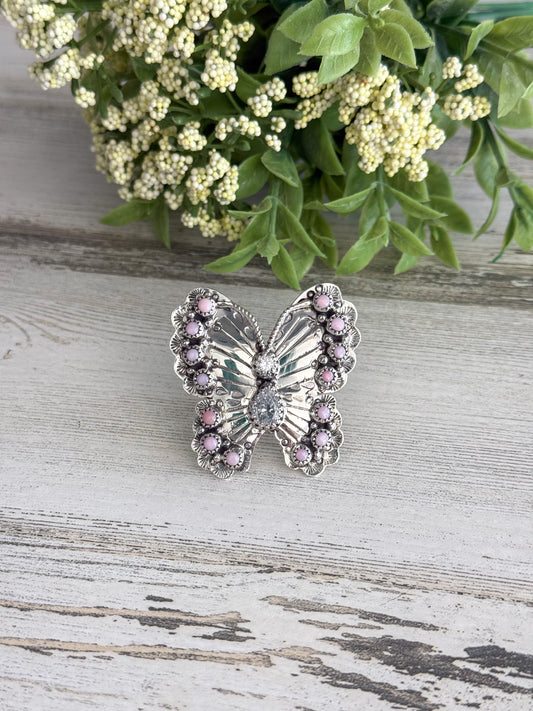 Native American Pink Conch Butterfly Adjustable Ring