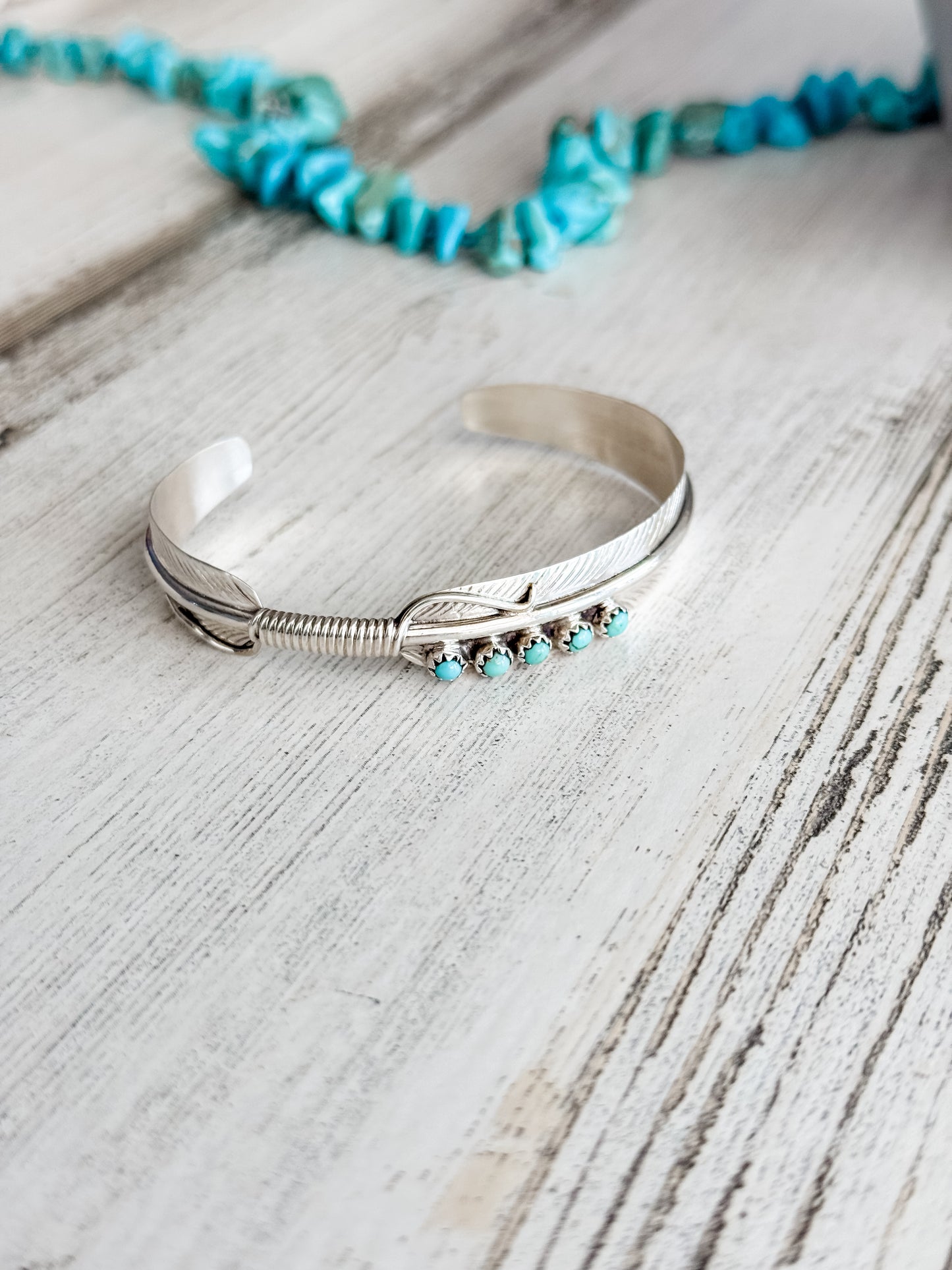 Native American Feather Sterling & Turquoise Wrap Cuff 6.25”