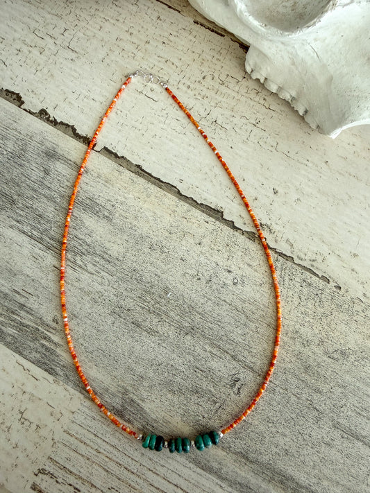 Native American Orange Spiny & Turquoise Bead Necklace