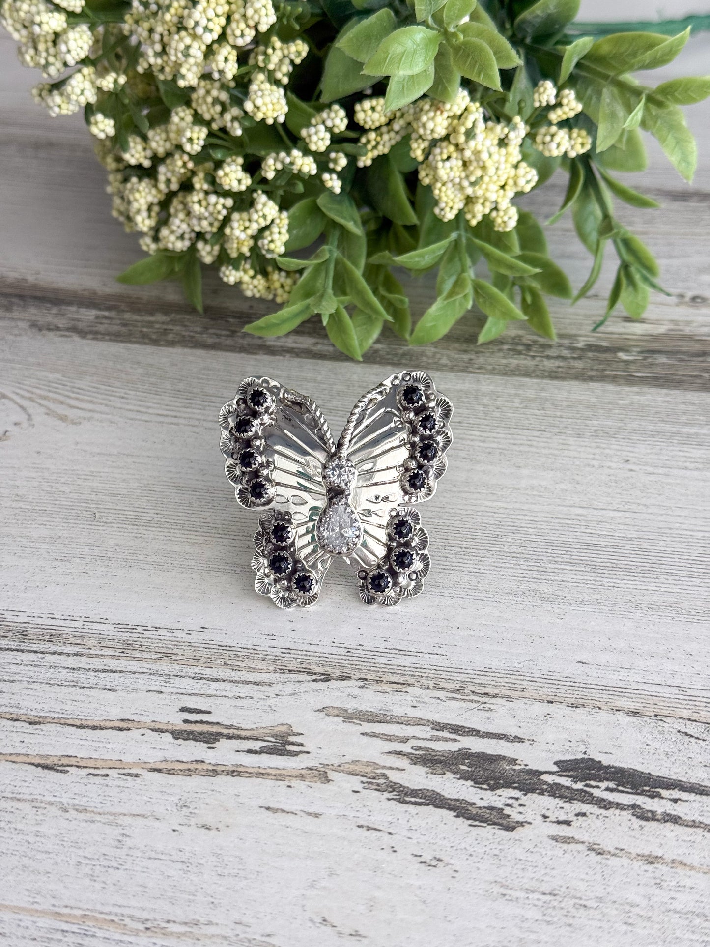 Native American Black Onyx Butterfly Adjustable Ring