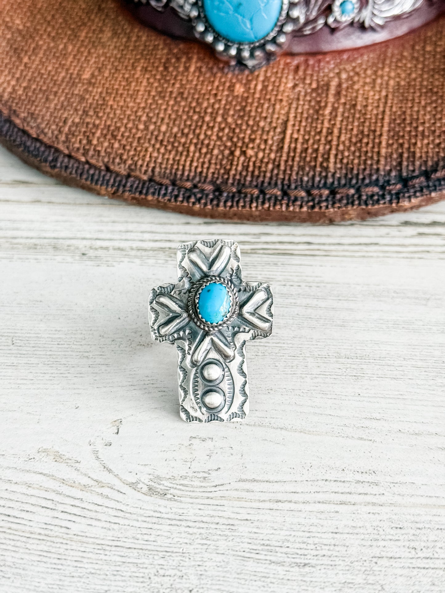 Native American Sterling Turquoise Cross Adjustable Ring
