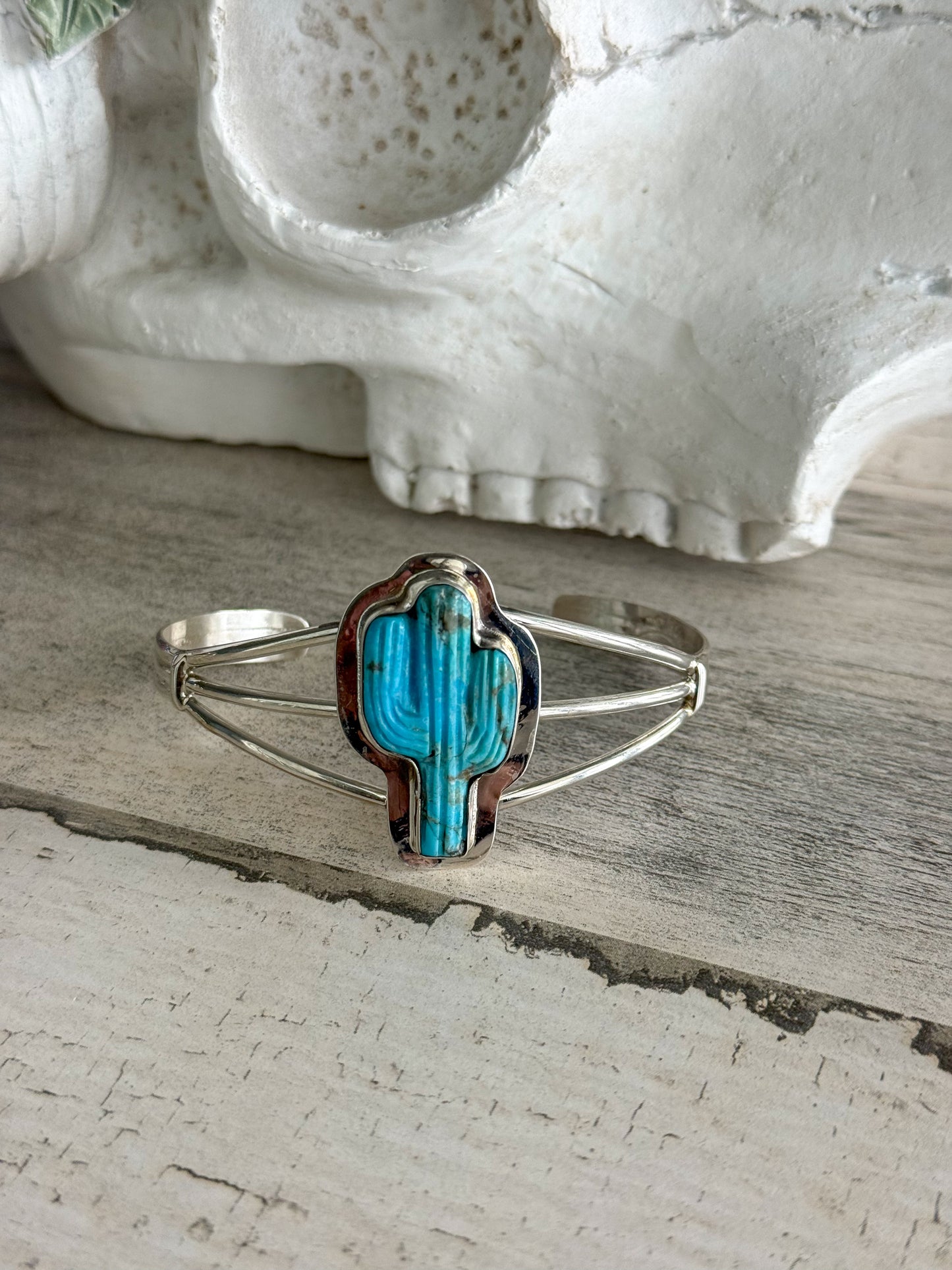 Native American Cactus Blue Turquoise Cuff 6.75”