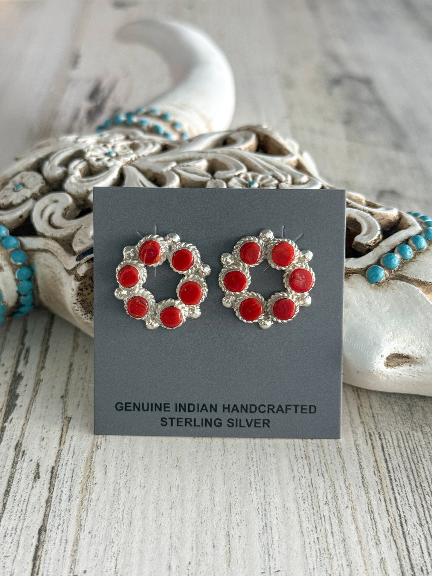 Native American Coral Circle Earrings