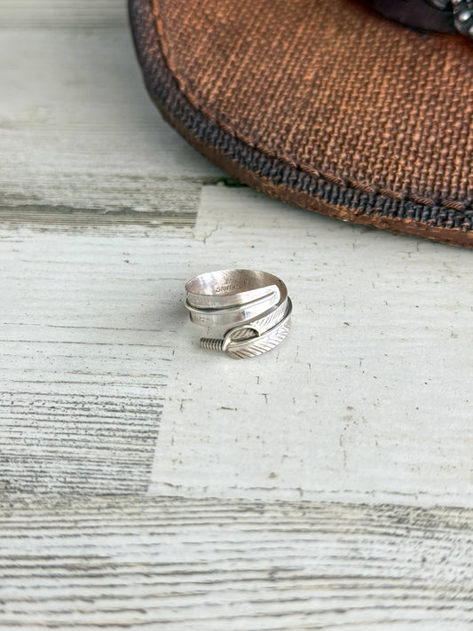 Native American Sterling Feather Turquoise Adjustable Wrap Ring 8.5