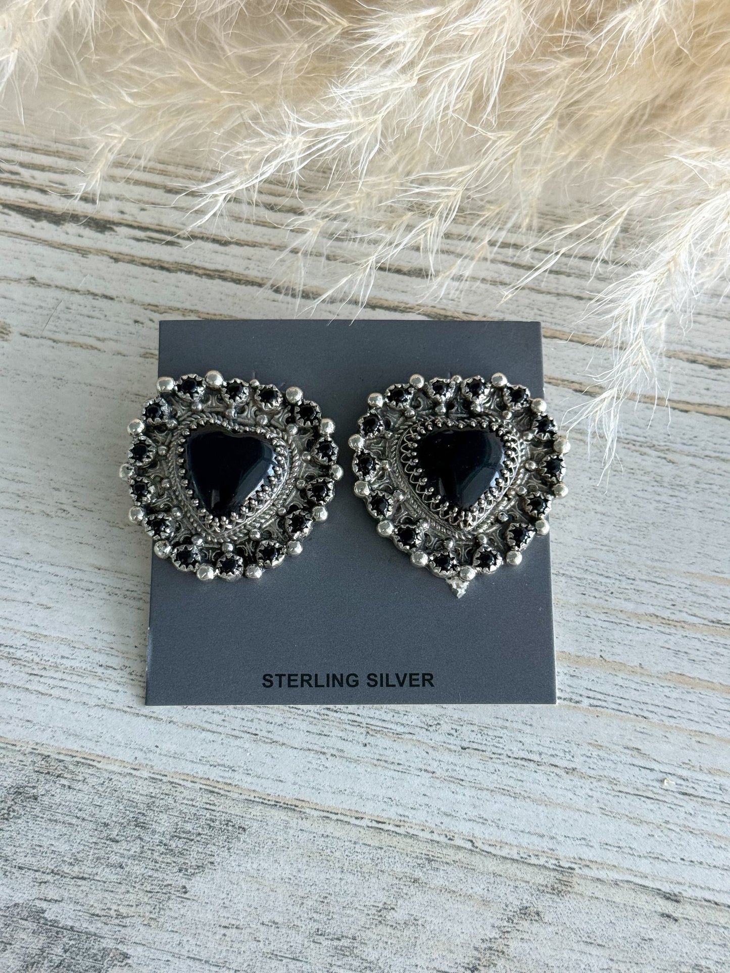 Native American Black Onyx Heart Earrings