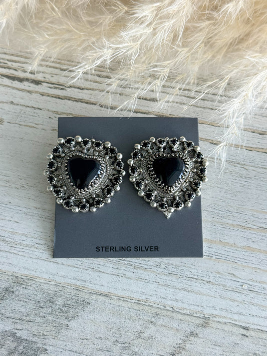 Native American Black Onyx Heart Earrings