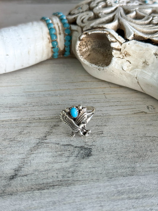 Native American Eagle & Sleeping Beauty Turquoise Ring 7.5