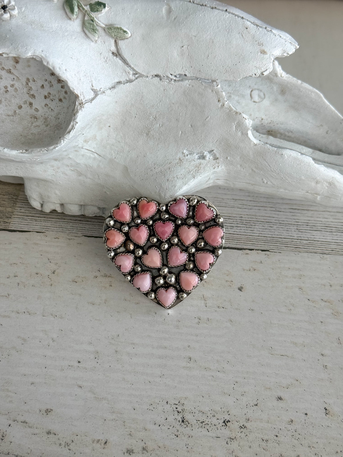 Native American Pink Conch Heart Cluster Adjustable Ring