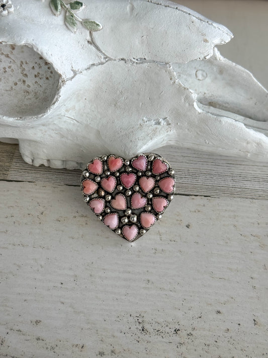 Native American Pink Conch Heart Cluster Adjustable Ring