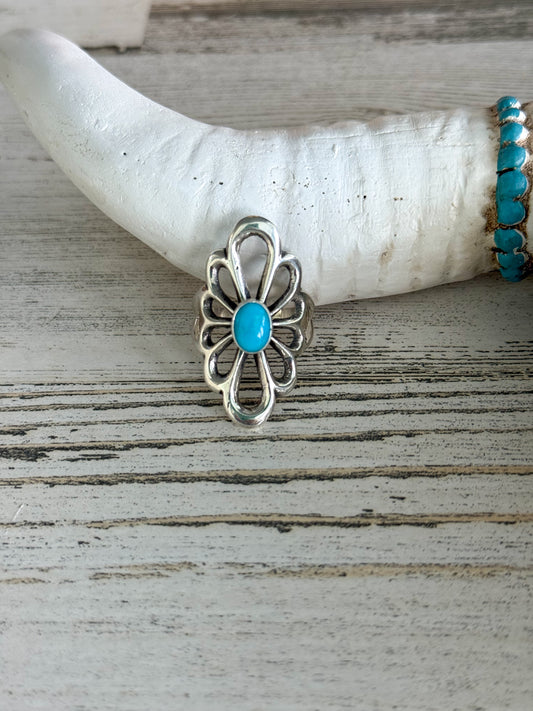 Native American Sterling Turquoise Flower Ring 8