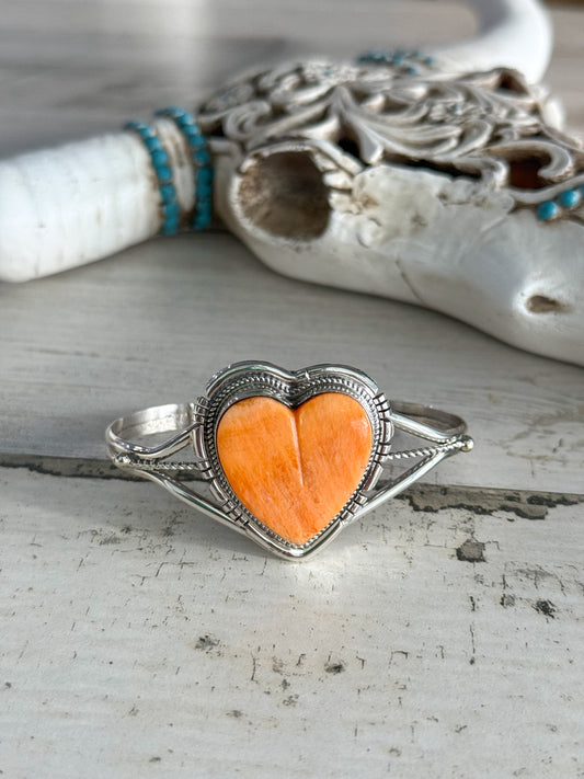 Native Made Orange Spiny Heart Cuff 6.5"