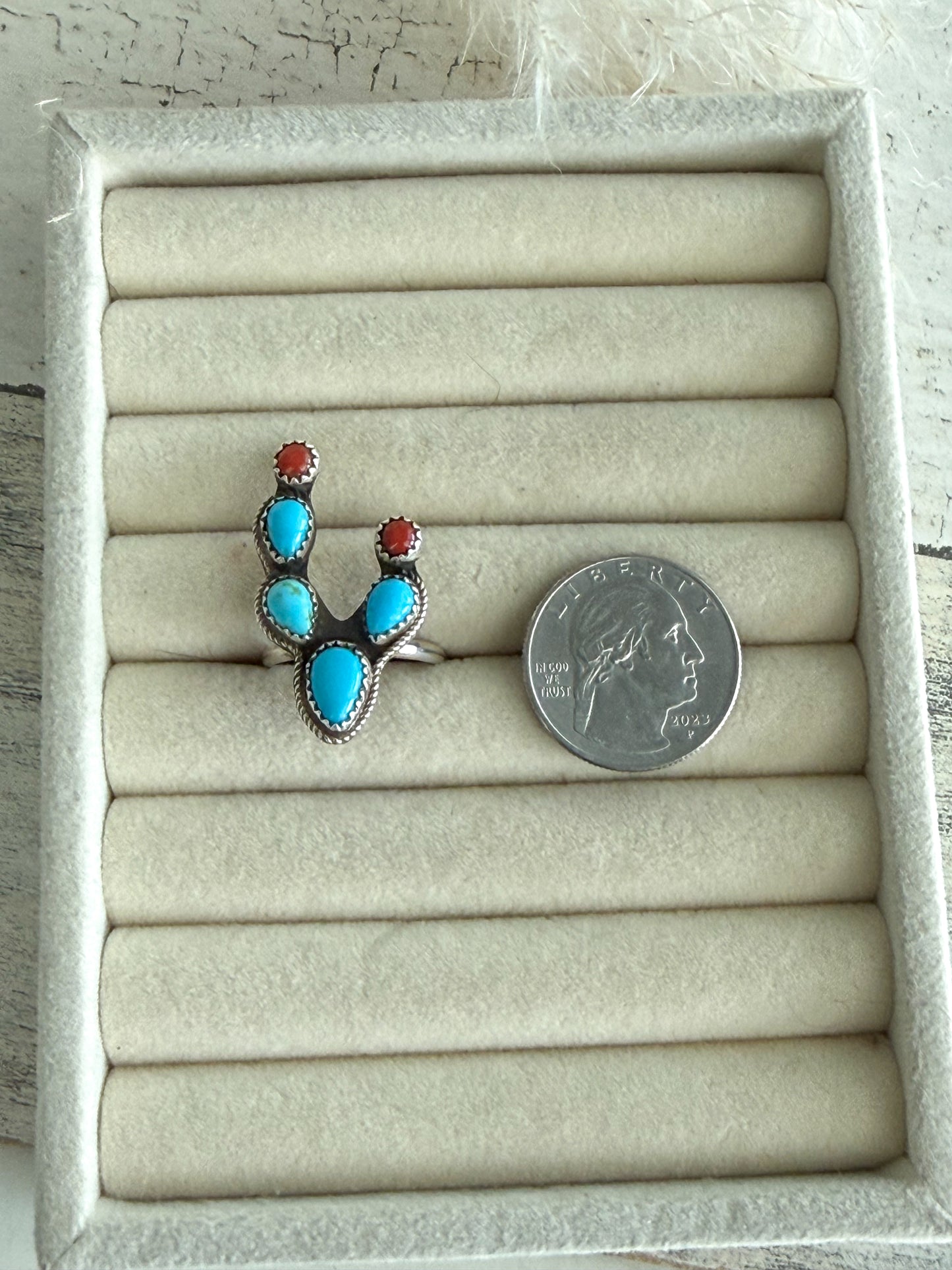 Native American Turquoise & Coral Cactus Ring 8.75