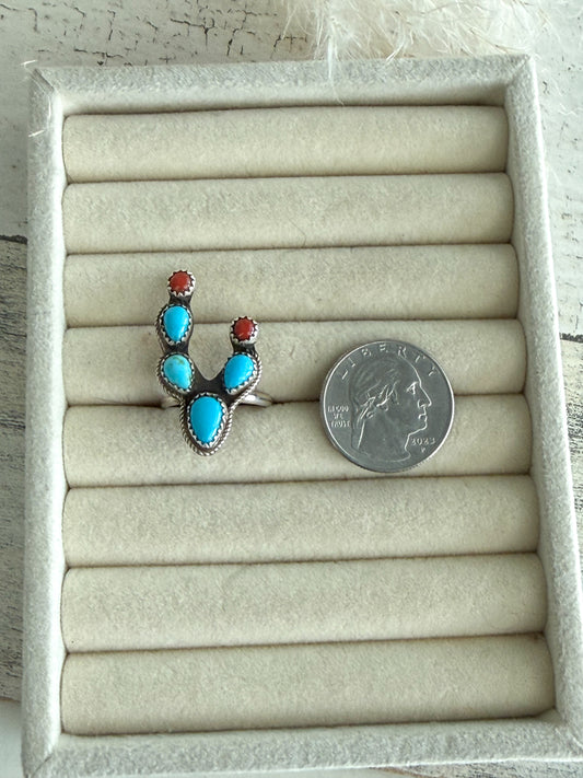Native American Turquoise & Coral Cactus Ring 8.75