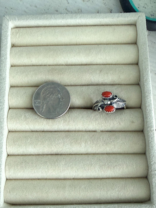 Native American Sterling Leaf Red Coral Ring 7.75