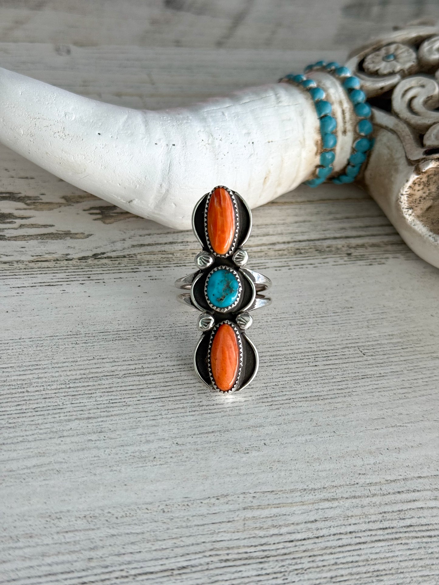Native American Turquoise & Orange Spiny Ring 7.5