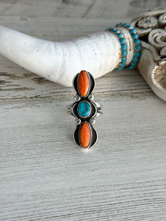 Native American Turquoise & Orange Spiny Ring 7.5