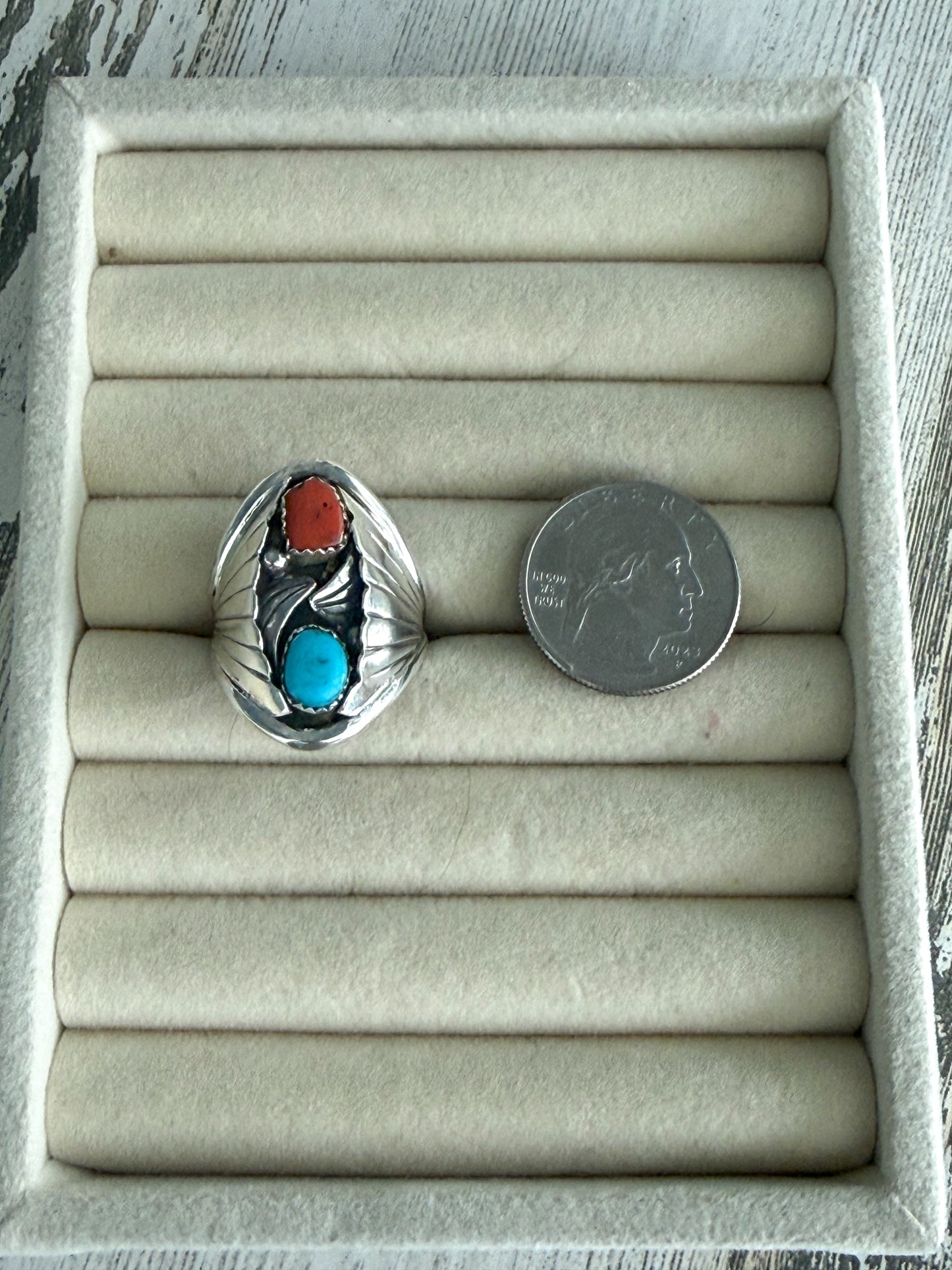 Native American Turquoise & Coral Ring 11