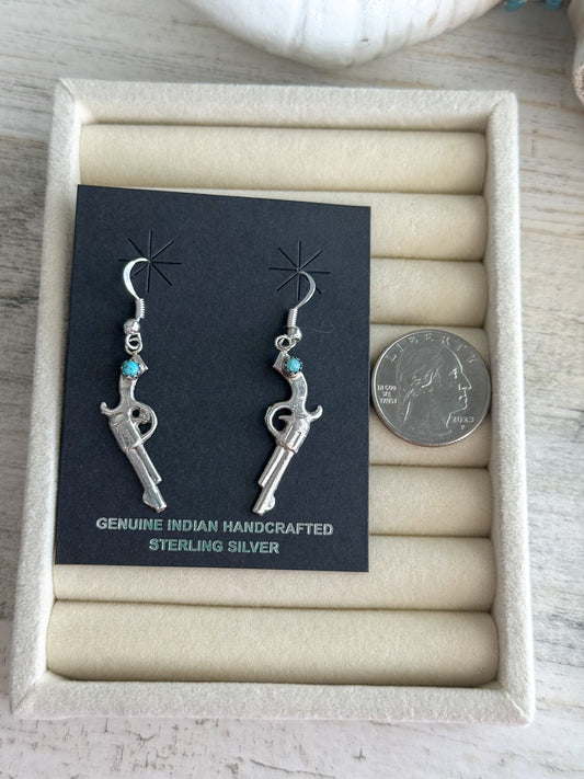 Native American Made Sterling Pistol & Turquoise Earrings