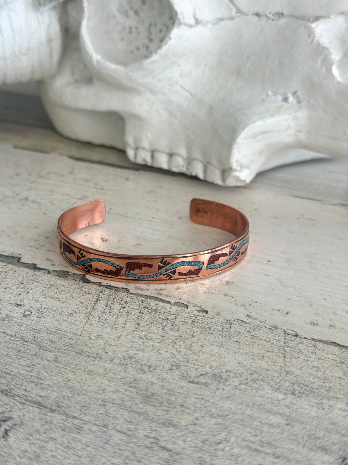 Native American Turquoise & Coral Chip Inlay Copper Cuff 7.25”