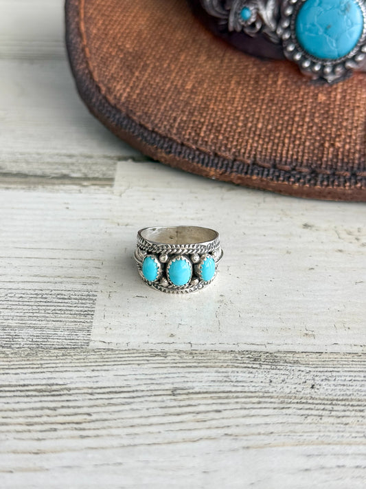 Native American 3 Turquoise Stone Leaf Ring 9.5