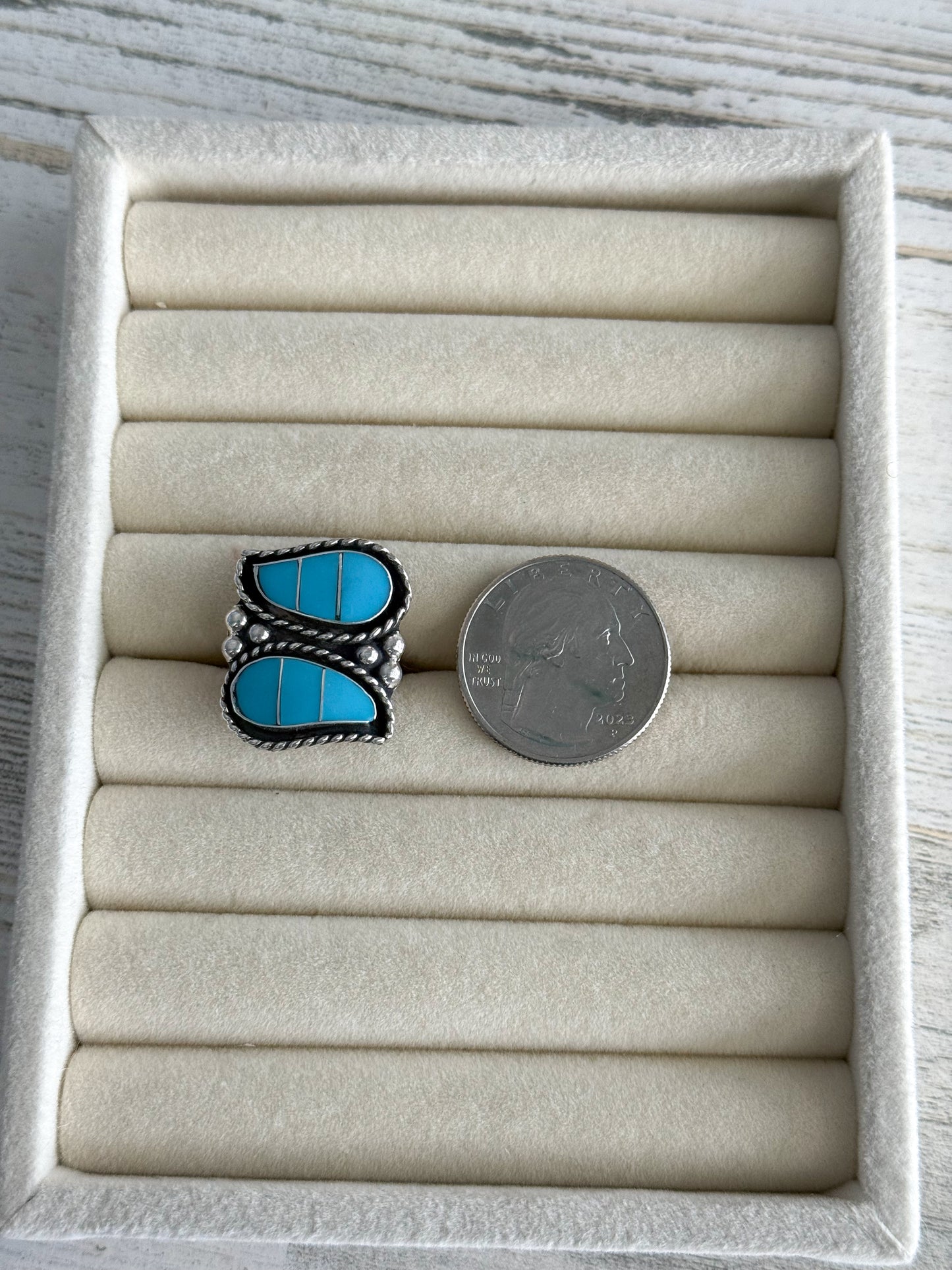 Native Made Turquoise 2 Stone Ring 7.5