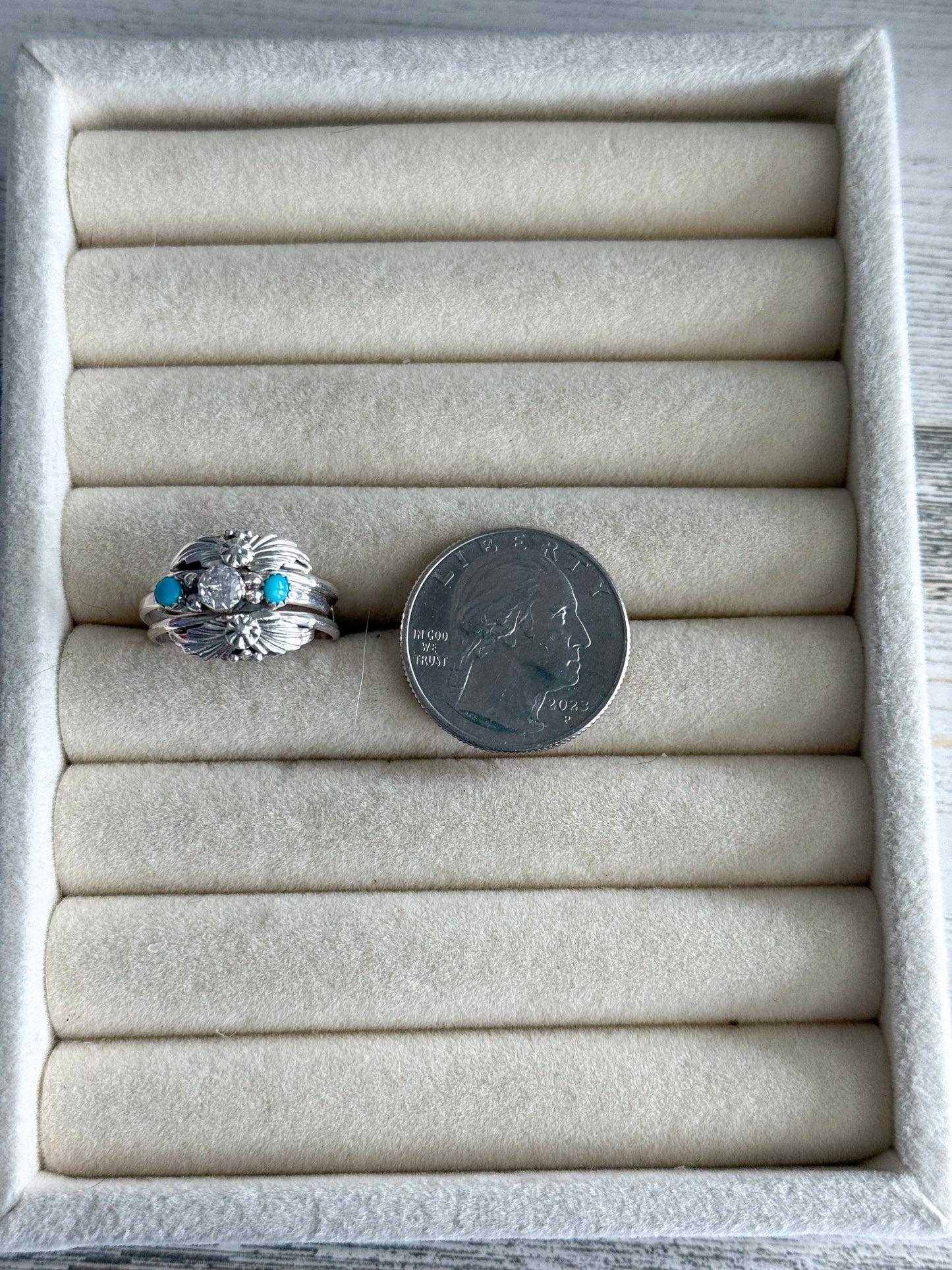 Native American 2 Piece Flower Turquoise & Zirconia Ring 7.5