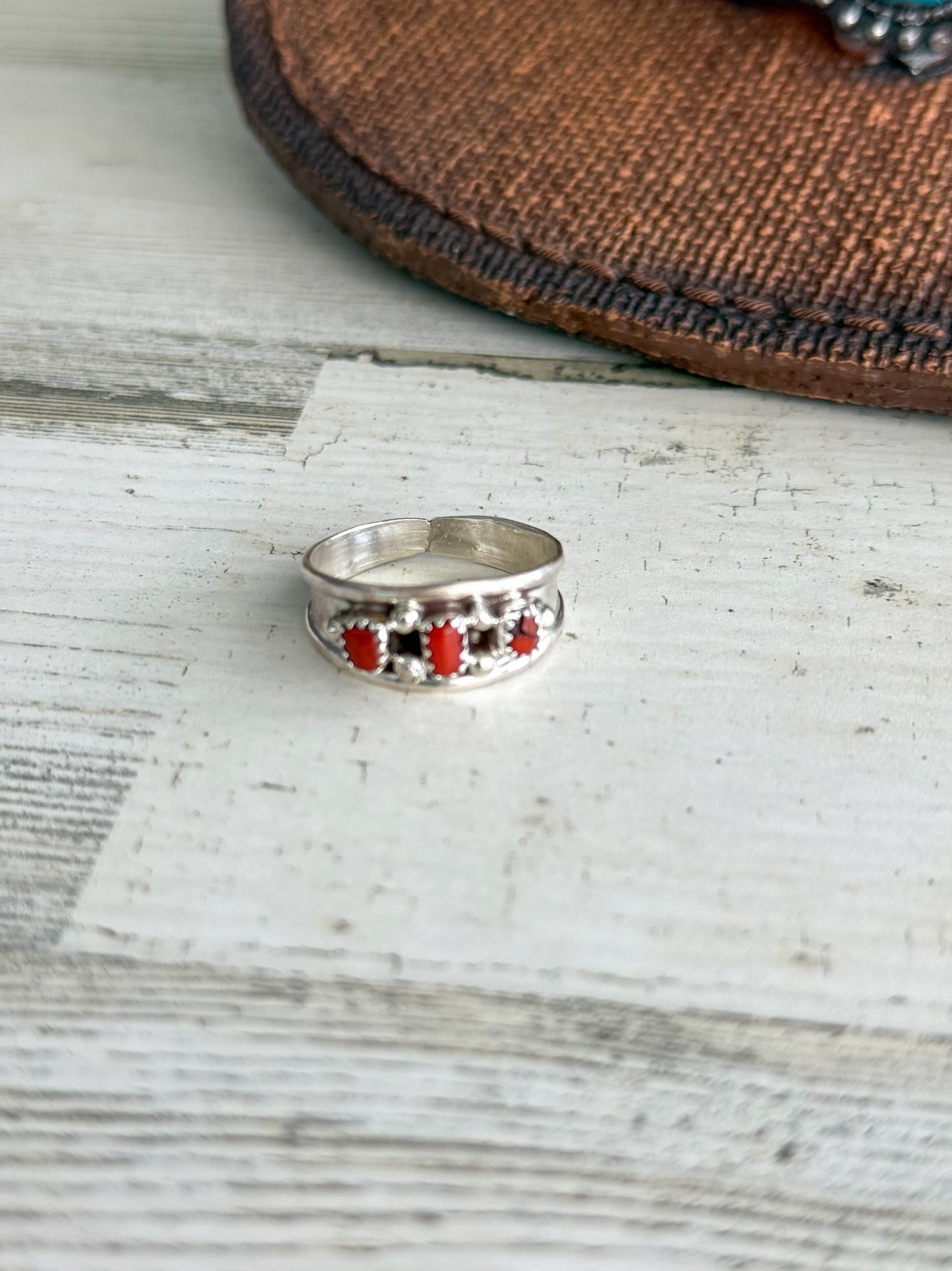 Native American 3 Coral Stone Ring 12