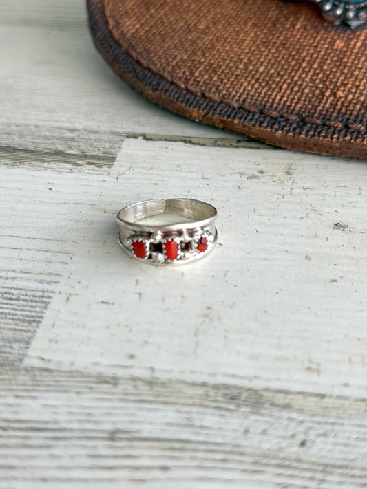 Native American 3 Coral Stone Ring 12