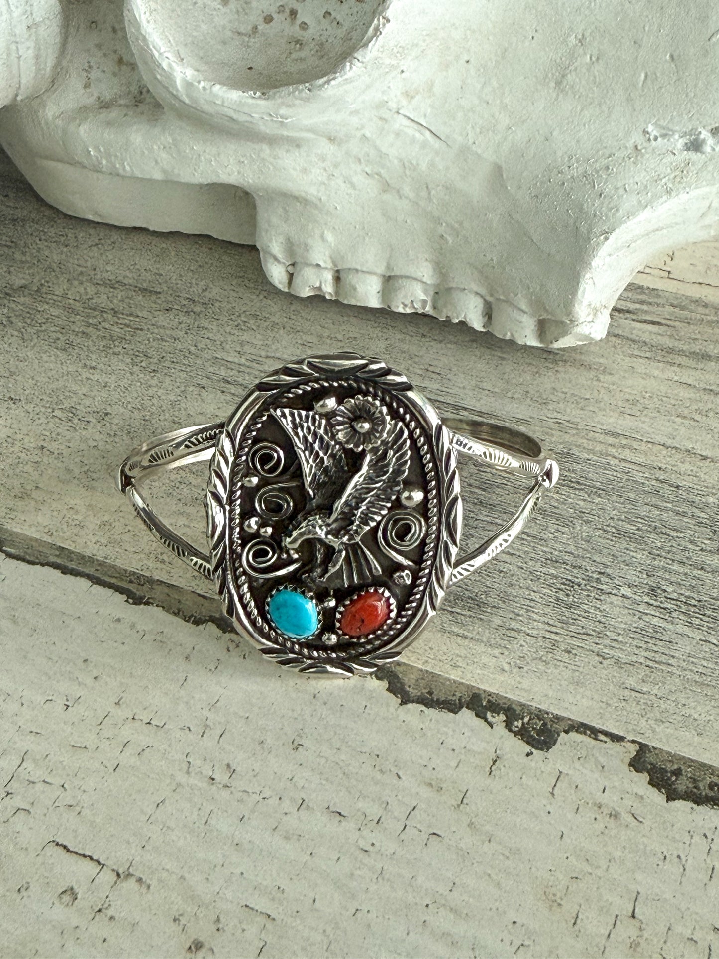 Native American Turquoise & Coral Eagle Cuff 6.5”