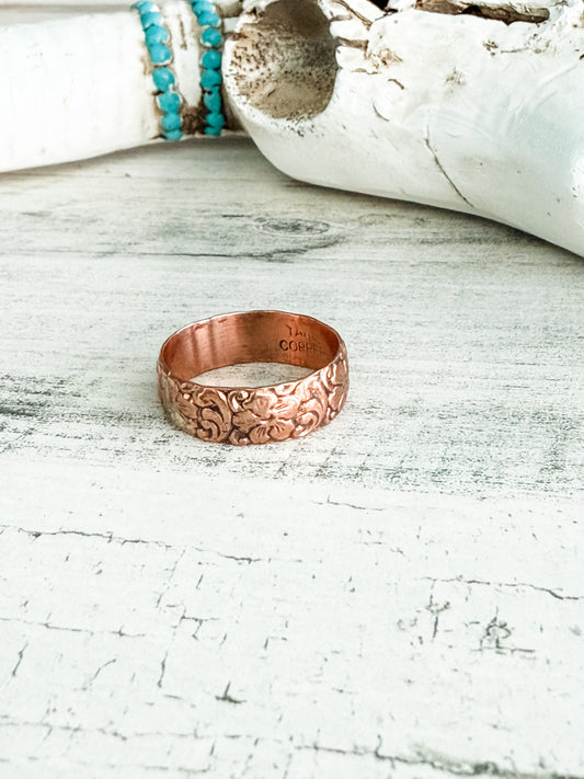 Native American Made Copper Flower Band Ring 10.25