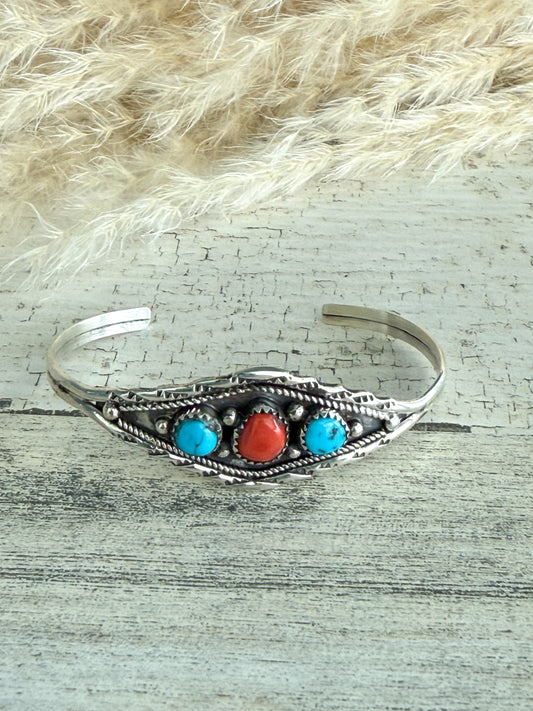 Native American Turquoise & Coral Cuff 6.25"