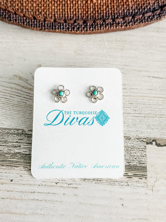 Native American Sterling & Turquoise Flower Earrings