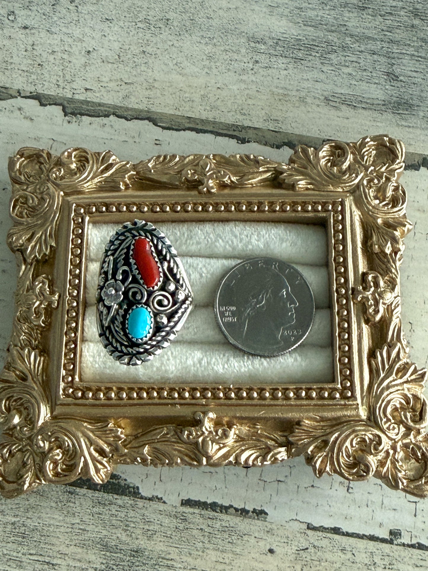 Native American Turquoise & Coral Saddle Ring 10