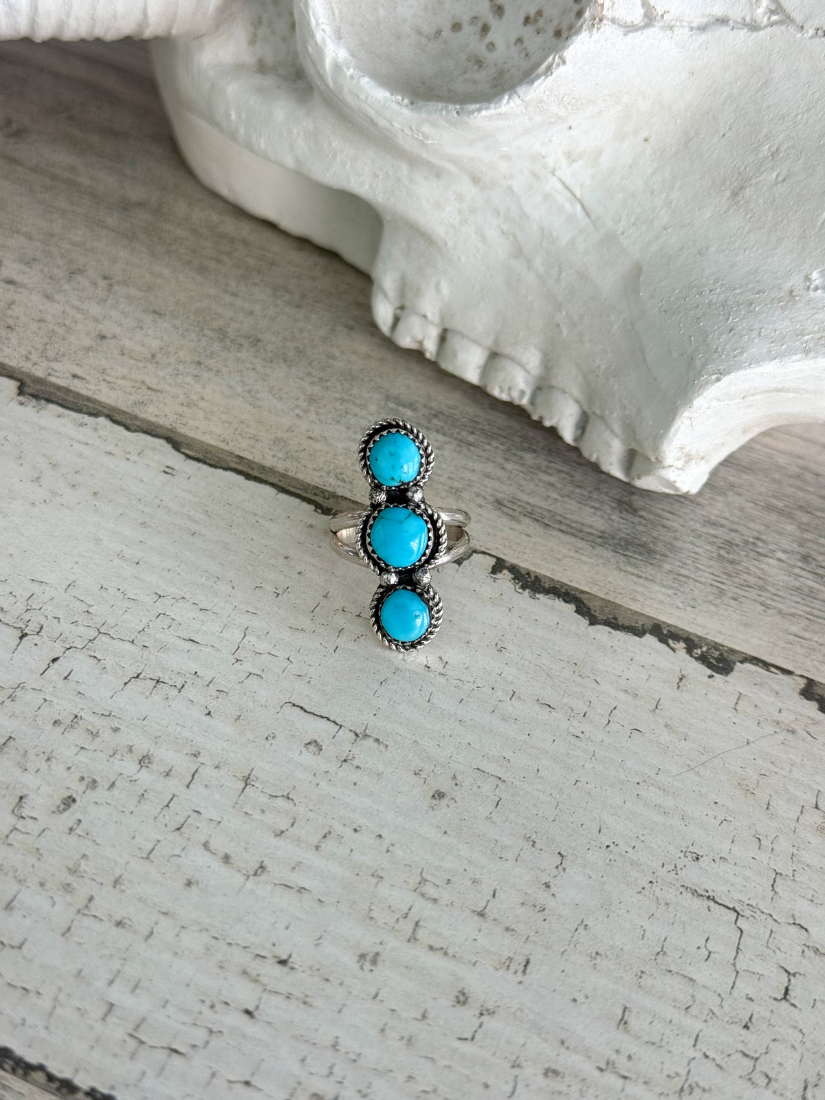 Native American 3 Turquoise Stone Ring 7.5