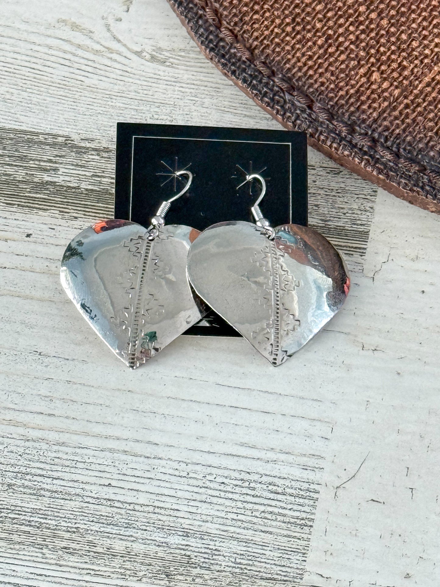 Native American Sterling Stamped Heart Dangle Earrings
