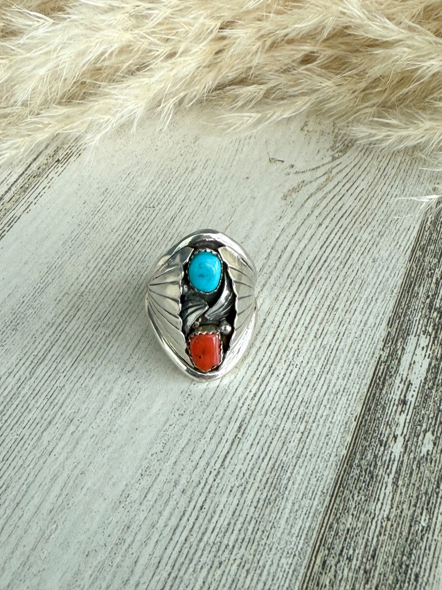 Native American Turquoise & Coral Ring 11