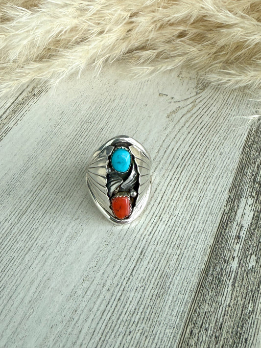 Native American Turquoise & Coral Ring 11