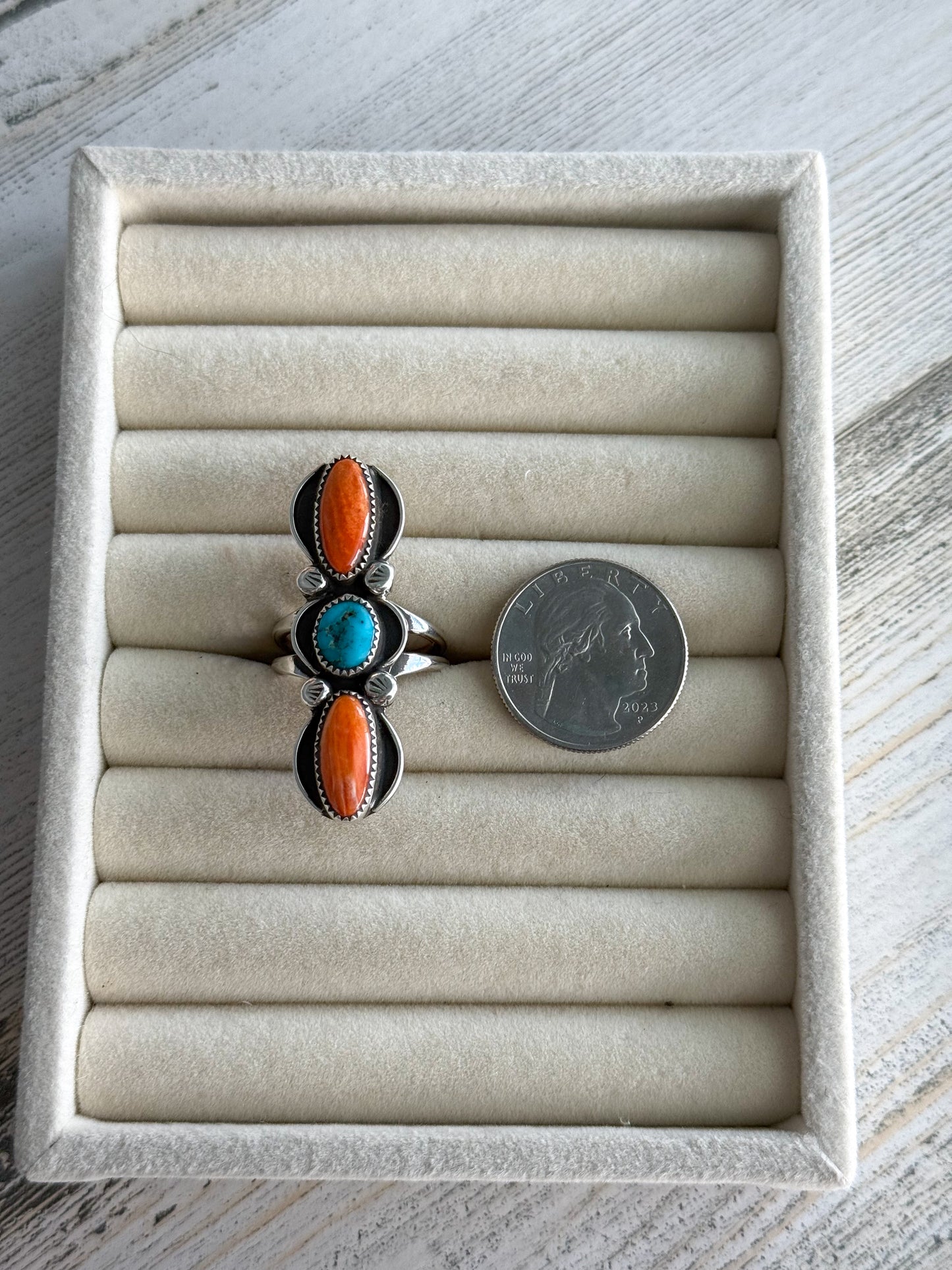 Native American Turquoise & Orange Spiny Ring 7.5