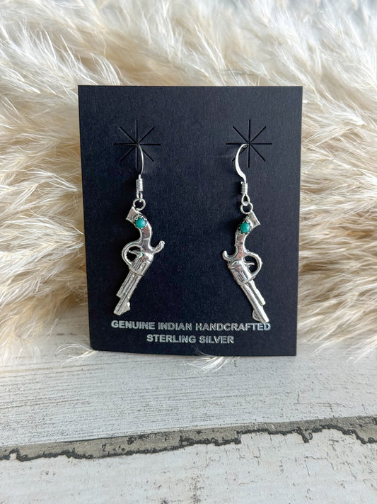 Native American Sterling & Turquoise Pistol Dangle Earrings