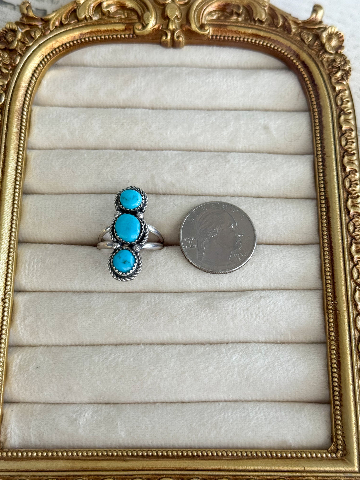 Native American 3 Turquoise Stone Ring 8.5