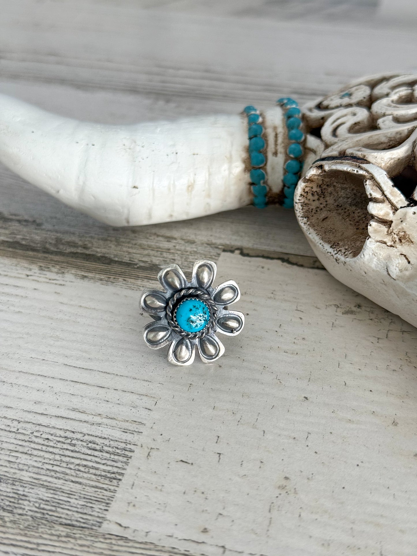 Native Made Turquoise Flower Ring Size 8