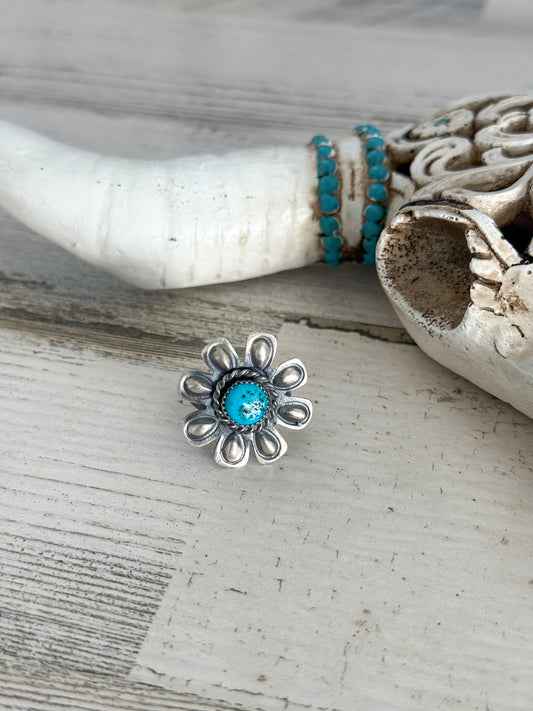 Native Made Turquoise Flower Ring Size 8